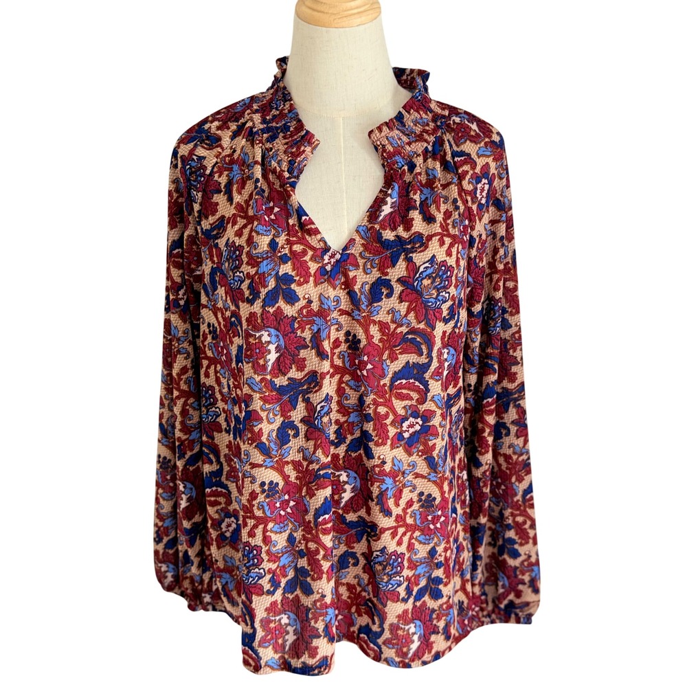 Cato Womens M Blouse Burgundy Blue Floral Paisley Ruffle V Neck Boho Career Top